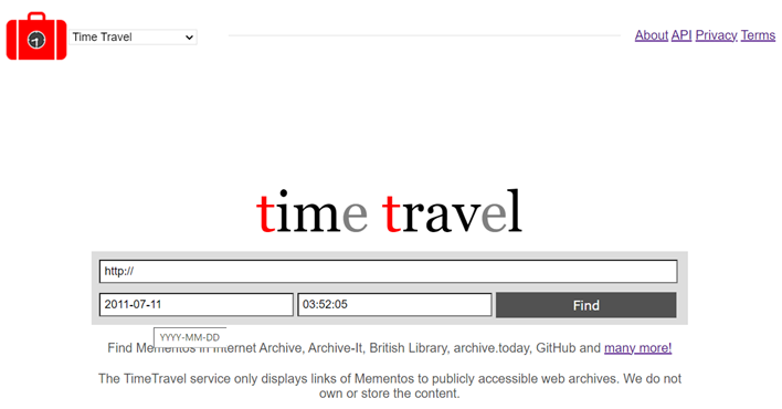 Time Travel サービスのトップ画面