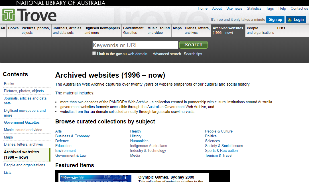 Australian Web Archiveトップ画面