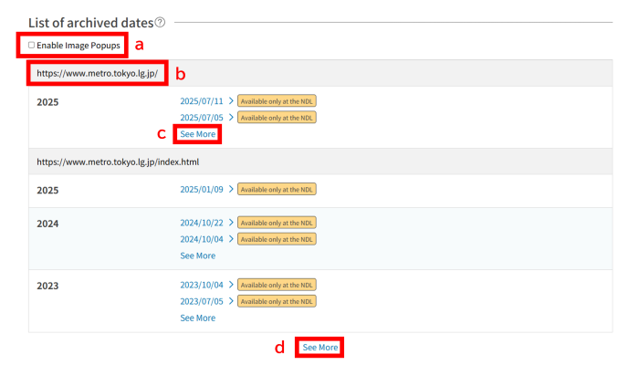 A capture of List of Archived Dates